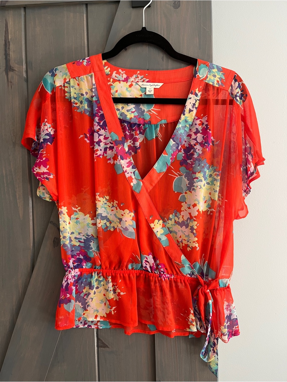 American Eagle Outfitters Red Floral Wrap Blouse with Side Tie